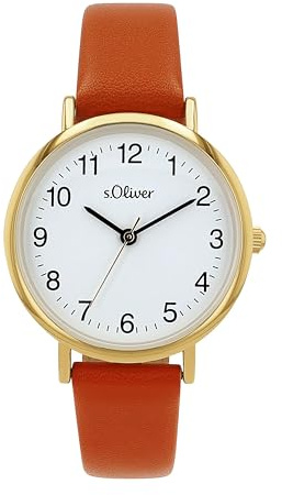 s.Oliver Armbanduhr mit Kunstlederband für Damen, orange, wasserdichte 3 bar, Geschenkidee, kommt in Uhren Geschenkbox, 2040119