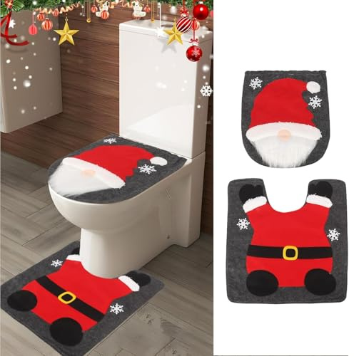 Srvillg Christmas Toilet Seat Cover, 2PCS Bath Mat Sets with Toilet Lid Cover, Bathroom Christmas Decorations for Xmas Home Decor (Style 1)
