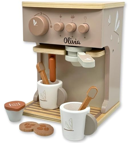 Personnalisable Machine à café en Bois Nougat – avec Accessoires & Boutons rotatifs – pour Enfants dès 3 Ans – personnalisée avec prénom – Label Label