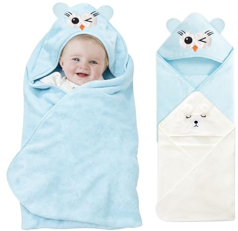 NHTJTHE 2Stück Baby Handtuch Kapuze, Kapuzenhandtuch Weich Baby Badetuch Super saugfähig Bademantel für Babys und Kleinkinder,Weißer Bär und Blaue Eule(80x80 cm)