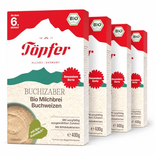 Töpfer Buchizauber Bio Milchbrei Buchweizen – Babybrei ab dem 6. Monat – glutenfrei – leicht verdaulich – ohne Zuckerzusatz & ohne Aromen – 4x400g