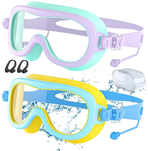 Occhialini da nuoto per bambini, con clip per naso e tappi per le orecchie, anti appannamento, protezione UV, a prova di perdite, ampia visione, per bambini 3 ai 14 anni, per nuotatori, piscina