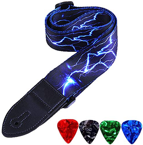 Wogod Sangle de guitare en tissage Jacquard Hootenanny Sangle de guitare avec extrémités en cuir Lumière bleue