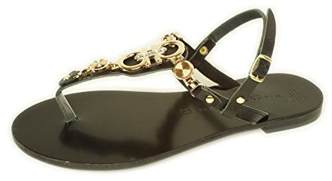 Nicolas Lainas Sandales d'été plates en cuir pour femme Noir/doré Taille 36-40, Noir , 37 EU