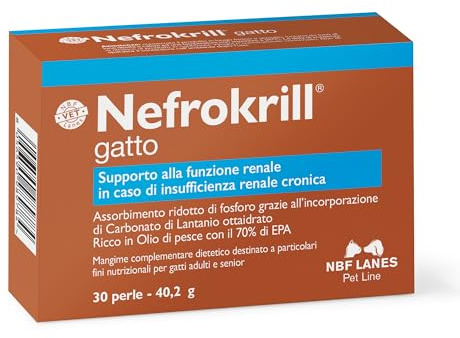 NBF Lanes | Nefrokrill Gatto, 30 Perle Softgel, Supporto alla Funzione Renale in Caso di Insufficienza Renale Cronica, per Gatti Adulti e Senior