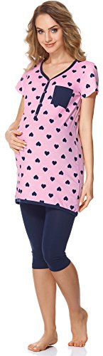 Bellivalini Dam Moderskapspyjama med OmvårdnadsFungera BLV50-126 (Rosa Hjärtan/Marin Blå, M)