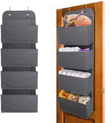 ManGotree 4 Pockets Over Door Storage Organiser Space Saving Dark Grey | Back of Door Hanging Closet Storage with 4 Hooks, Foldable Behind Door Hanging Organizer for Bedroom, Pantry, Kitchen, Office