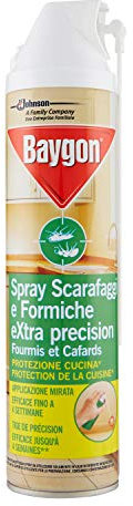 Baygon Spray con Cannuccia Extra Precision, Efficace contro Scarafaggi e Formiche, Protezione Continua fino a 4 Settimane, 1 Confezione da 400 ml
