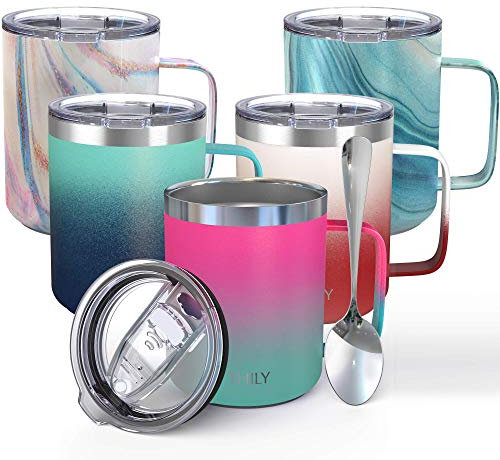 THILY Thermobecher aus Edelstahl, vakuumisoliert, mit Griff, auslaufsicherer Deckel, hält Kaffee kalt oder heiß, Ombre: Pink & Grün