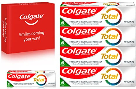 Colgate Total Original Toothpaste Multipack (4 x 75ml + 1 x 20ml), 24 hour antibacterial toothpaste, protects against cavities, contains fluoride and strengthens enamel