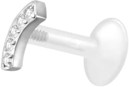 PIERCINGLINE PTFE Labret mit Gewinde TITAN AUFSATZ KRISTALLBOGEN Piercing Lippe Nase Ohr Helix Silberfarben 1,2 x 9 mm