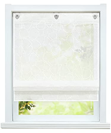 ESLIR Raffrollo ohne Bohren Gardinen Küche Raffgardinen mit Ösen Landhaus Ösenrollo Vorhänge Leinen Halbtransparent Bestickt Weiß BxH 80x140 cm 1 Stück