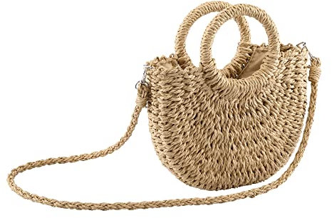 CHIC DIARY Kleine Sommer-Strand-Strohtasche für Damen, Crossbody-Tragegriff, Schultertasche, handgewebte Rattan-Clutch-Geldbörse, Helles Braun, Einheitsgröße