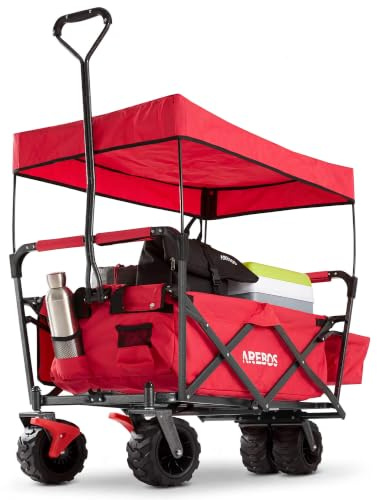 Arebos Bollerwagen faltbar mit Dach | Handwagen | Transportkarre Gerätewagen inkl. 2 Netztaschen und Einer Außentasche | Vorderrad-Bremse | klappbar | Vollgummi-Reifen | bis 100 kg Tragkraft | Rot
