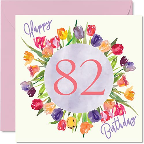 Stuff4 Schöne Geburtstagskarte zum 82. Geburtstag für Frauen, Kindermädchen | Aquarell-Tulpen, Blumenstrauß, Happy Birthday-Karte für sie, Oma, Großmutter, Geburtstagsgeschenk, 145 mm x 145 mm