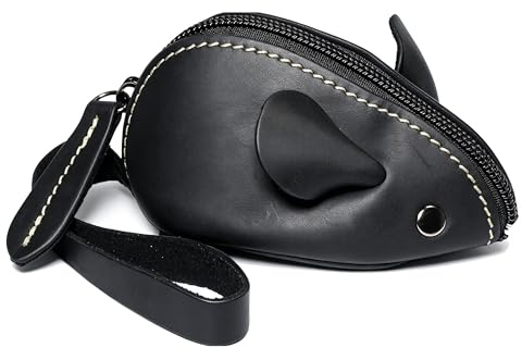 BAWAKO Kleingeldbörse Maus Shape aus Leder - Schlüsseltasche Münzbörse Münzbeutel Coin Purse klein Geldbörse Geldbeutel Kleingeldportemonnaie (Schwarz Glatt)