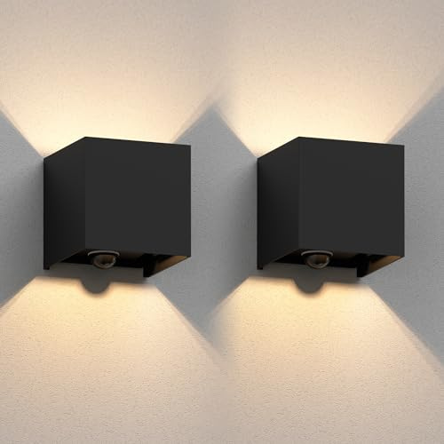 ledscom.de 2x Wandleuchte CUBEL für außen, IP65, Up-/Downlight, Bewegungsmelder, schwarz matt, quadratisch, 1x G9 max. 10W