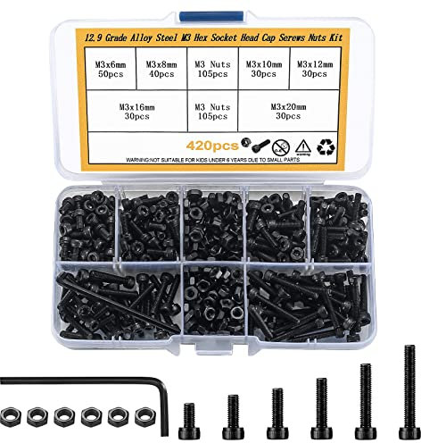 Bnnrjia 420 Pcs Metric M3 Hex Socket Head Cap Screws Bolts and Nuts, Carbon Steel Hexagon Socket Head Cap Screws Assortment Kit for Furniture Repair, Plumbing, Construction