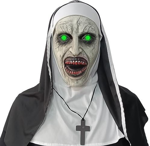 lewexiison 2024 Nun Scary Mask,Halloween Party Scary Full Head Costume Mask with cross necklace,Blood Mouth Light
