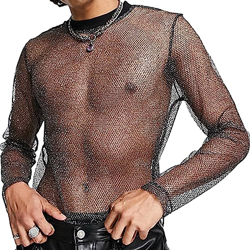 AIEOE Nättröja för män, muskel, nätskjorta, glitter, glänsande transparent t-shirt, nätskjorta, skjortor, kortärmad/långärmad, klubb, kläder, sommar, nättopp, A01# glitter långärmade tröjor, XL