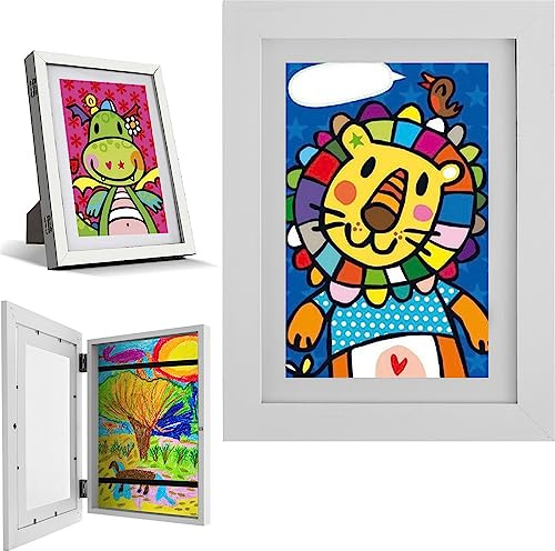 Keyohome 2 Stück Bilderrahmen Kinderzeichnungen A4, Kinder Kunstrahmen Aufklappbar Frontöffnung, Befüllbarer Klapprahmen zur Aufbewahrung&Darstellung von Kinderzeichnungen/Kunstwerken (2 Stück, Weiß)