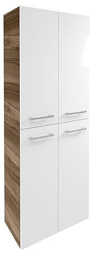 Verona Hängender Doppel Hochschrank – Made in Germany – Nussbaum & Weiß-Hochglanz – 60 x 162 x 31,8 cm – Inklusive Schublade zum Ausziehen