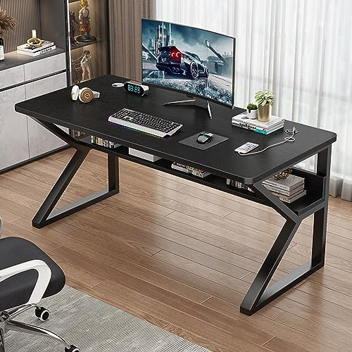 KAZUP Home-Office-Schreibtisch, Computertisch mit Ablageflächen, moderner, einfacher Arbeitsschreibtisch mit Metallbeinen (47 Zoll, schwarz)