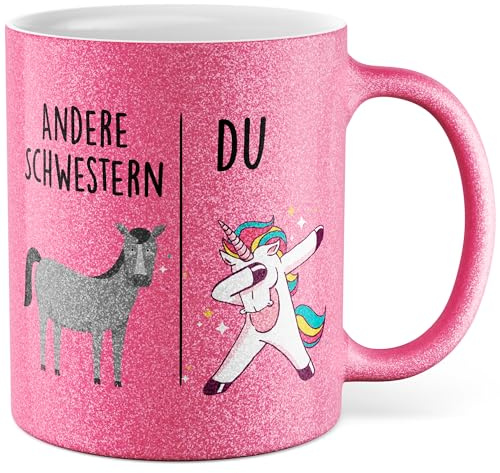 Tasse Schwester Geschenk Andere Schwestern - Du, Kaffeetasse Geschwister Geschenk für Frauen Kind, Geschenkidee Frau Schwester Geburtstag Weihnachten Familie Kaffee-Becher (Weiß/Glitzer)
