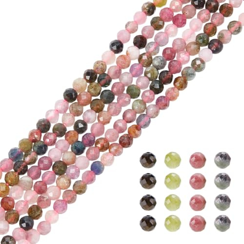 HOBBIESAY 2 fili di perline sfaccettate in tormalina naturale da 3 mm, rotonde, sfuse, colori misti, perline distanziatrici per la creazione di collane, bracciali e orecchini, foro: 0,5-0,6 mm