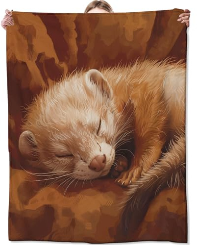 Zeleda Sleeping Ferret Fleece Throw Blanket,for Bedroom Sofa Travel and Camping,Soft Cozy Plush Adorable Animal Art in Warm Brown Tones Blankets,Decor Gifts for Adults,50x60inch