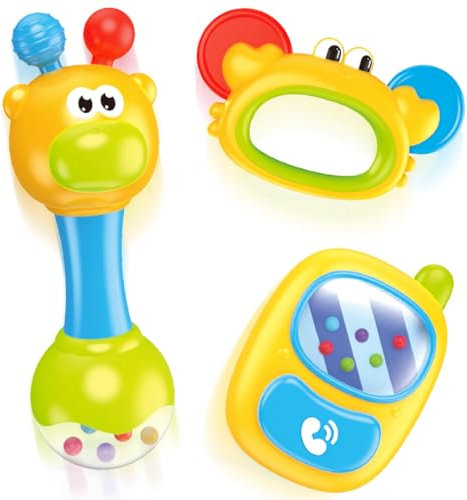 MOONTOY 3PCS Baby Rassel Beissring Set Baby Spielzeug ab 0 1 2 3 4 5 6 7 8 9 10 11 12 Monate Babyspielzeug 0-6 Monate Babyrassel BeißSpielzeug Zahnungshilfe Greifspielzeug Neugeborene Knisterspielzeug