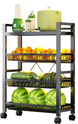 Heikoeco® Rollwagen Metall mit 4 Ebene, Multifunktionaler Servierwagen mit Plattform und Körben auf Rollen, Küchenregal mit Griffen für Küche, Wohnzimmer, Bad, Bastelwagen Küchenwagen Schmal