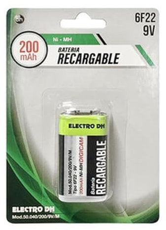 Batería Recargable Ni-MH 200 mAh 9V 6F22, Ideal para Dispositivos electrónicos y Equipos de bajo Consumo.