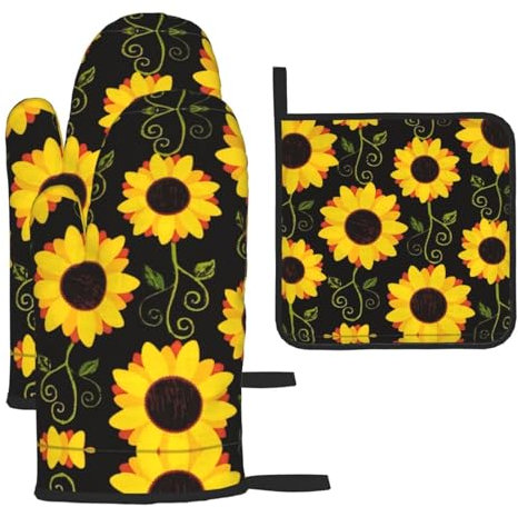 Set di 3 guanti da forno natalizi con girasole e presine floreali, guanti da forno da cucina, guanti resistenti al calore