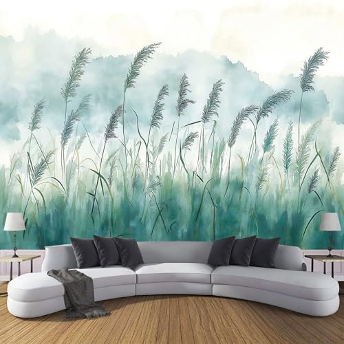 MIATCENRT Bleu Vert Herbe Haute Papier Peint Effet 3D, 450X315Cm (L×H) Photo Peintures Murales, Salon Tv Canapé Thème Hôtel De Luxe Couloir Fond Aquarelle Mur Peinture Décor À La Maison