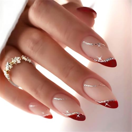 XAGMODSHN Uñas postizas a presión de almendra, con lentejuelas, pegamento en las uñas, uñas acrílicas artificiales, 24 unidades, uñas adhesivas para mujeres y niñas