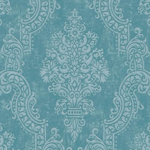 Barocktapet Profhome 397654-GU fibertapet strukturerad med ornament skimrande blå turkos 5,33 m2