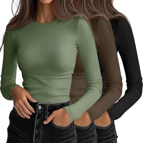Ficerd Lot de 3 débardeurs côtelés à Manches Longues pour Femme, col Rond, Coupe ajustée, en Maille Extensible, à superposer