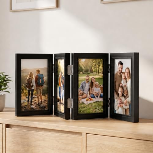 GWAEPU Bilderrahmen Collage Holz für 4 Bilder: 10x15CM Bilderrahmen Mehrere Bilder Klappbilderrahmen mit Front für Büro Familie Geburtstag Hochzeit Schreibtisch Geschenk Deko