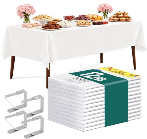 XEIYEI Einweg Tischdecke Weiß Tischtuch Kunststoff Tischdecken Bierzeltgarnitur Tischdecke 12 STK Rechteckig Tischdecken Geburtstag Wasserdicht 137 x 274cm mit Tischklammern für Party Fasching (Weiß)