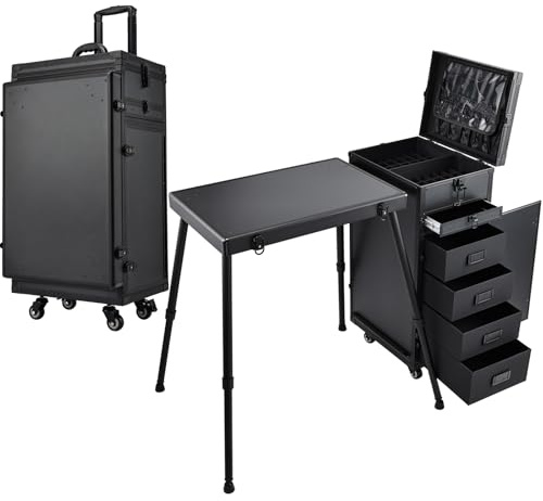Joligrace Makeup Case Vanity Case Large Make Up Box Makeup Trolley on Wheels Beauty Box with 5 Drawers Portable Manicure Nail Table Make Up Organiser Storage, Black
