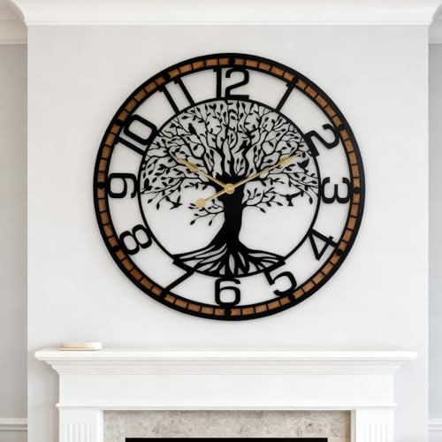 Orologio da parete silenzioso, grande, 24 pollici, albero della vita, metallo, nero, con cornice in legno massiccio, funzionamento a batteria, senza ticchettio, per soggiorno, ufficio, camera da letto