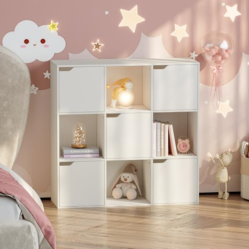 [en.casa] Kinderregal Ljunshund Bücherregal 9 Fächer Kinderzimmer 3x3-Würfelregal mit 5 Türen Standregal 90 x 90 x 30 cm Weiß