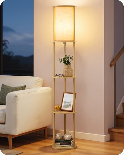 EDISHINE LED Stehlampe mit Regal und Leinenschirm, 2700 Warmweiß | 9 W Moderne Innenbeleuchtung mit 3 Ablagen, Metallgestell, E27, Fußschalter, für Wohnzimmer, Schlafzimmer, Ecken, 162 cm