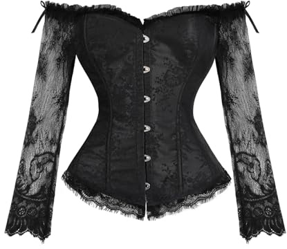 OPLERT Top corsetto da donna con maniche lunghe in pizzo, bustier con corsetto a copertura totale del seno, camicetta retrò Dirndl