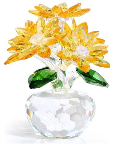 XUZIE Crystal Yellow Daisy Bouquet Figurine - Premium Glass Flower Ornament with Gift Box, Mother's Day for Women, Collectible Home Decoration Anniversary Birthday Presents (Yellow)