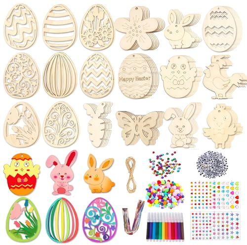 Ostern Basteln Kinder,280 Stück Holzanhänger Ostereier Zum Bemalen,Osterdeko Basteln Kinder,Osteranhänger Holz,Bastelset Ostern Kinder,Mit Aquarellstift,Strass,Augen Zum Basteln,Ostergeschenke
