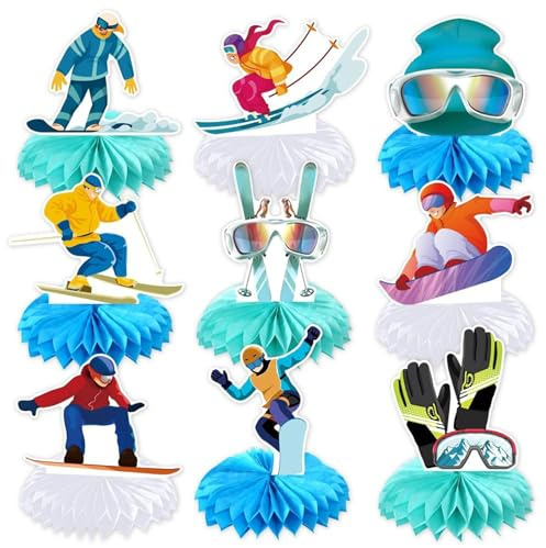Ski Party Dekorationen | 9-teiliges Sport Ski Deko Set | Skifahrer Figur Partyzubehör mit Sportlichen Skis Waben Tischdekorationen | Apres Skii Party Outfit Deko Skigeburtstags für Schreibtisch Theke