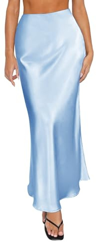 Falda larga de satén para mujer, cintura alta, cinturilla elástica, de seda, línea A, color liso, estilo casual para fiesta, azul celeste, M