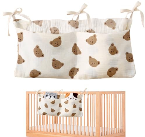 Quesuc 1 Stück Babybett Organizer Niedlicher Bärenmuster Aufhängbarer Aufbewahrungsbeutel Für Babybett Verstellbar Aus Baumwolle Für Windeln, Kleidung, Spielzeug Im Babybett
